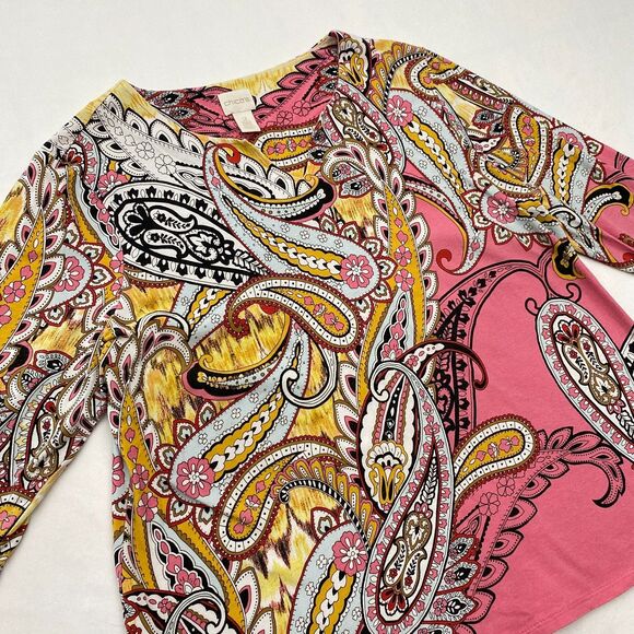 Chicos Pink Paisley Top 3/4 Sleeve Colorful Cotton Blend Boho Womens Large 2 - Picture 2 of 8